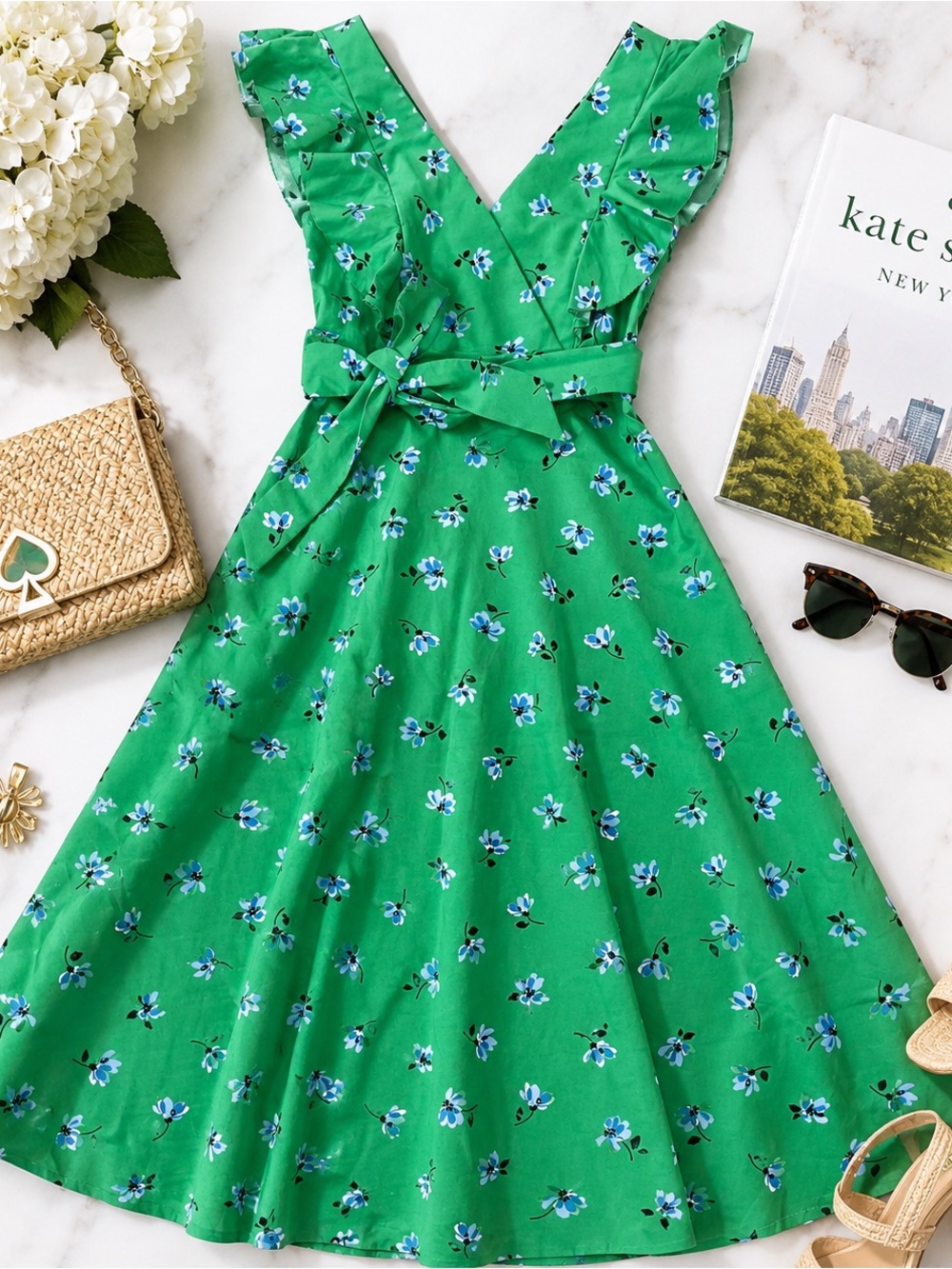 Kate Spade Green Floral Ruffle V-Neck Dress with tie belt size 2